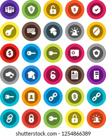 White Solid Icon Set- personal information vector, dollar shield, safe, protected, link, cloud, server, firewall, chain, lock, unlock, key, siren, smart home, protect, password