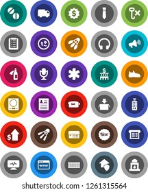 White Solid Icon Set- personal information vector, dollar growth, bank building, medal, tie, snickers, shuttlecock, sea container, no hook, loudspeaker, video camera, microphone, remote control, new