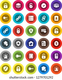 White Solid Icon Set- personal information vector, dollar shield, safe, protected, link, big data, server, firewall, chain, lock, unlock, siren, key, smart home, protect, password