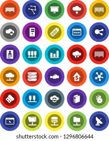 White Solid Icon Set- personal information vector, graph, dollar growth, binder, presentation board, barcode, music hit, social media, network, server, folder, cloud, shield, exchange, big data, usb