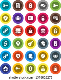 White Solid Icon Set- personal information vector, dollar shield, safe, link, cloud, big data, server, firewall, chain, lock, unlock, key, siren, smart home, protect, password