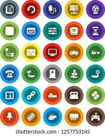 White Solid Icon Set- phone 24 vector, client, truck trailer, calendar, port, consolidated cargo, document, big scales, monitor, thumbtack, backward button, sand clock, pills, blister, drop counter