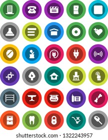 White Solid Icon Set- phone vector, dry cargo, no trolley, shelving, cinema clap, disk, touchscreen, pause button, heart cross, dna, broken bone, tooth, menu, shield, lock, fruit tree, table, fridge