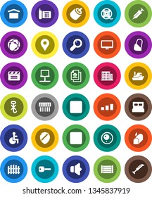 White Solid Icon Set- phone vector, ship, wood box, dry cargo, no hook, sorting, cinema clap, film spool, speaker, monitor, stop button, forward, rca, disabled, magnifier, syringe, bandage, ovule