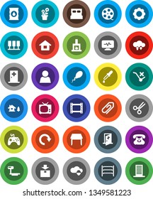 White Solid Icon Set- phone vector, no trolley, package, oil barrel, big scales, shelving, film frame, spool, gamepad, dropper, scissors, diagnostic monitor, sperm, medical room, server, exchange
