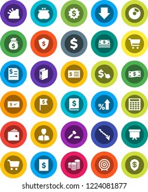 White Solid Icon Set- pie graph vector, cart, wallet, crisis, percent growth, money bag, manager, coin stack, auction, annual report, calculator, receipt, target, binder, arrow down, dollar medal