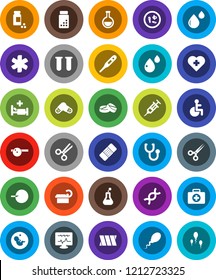 White Solid Icon Set- pills vial vector, heart cross, first aid kit, ambulance star, disabled, thermometer, flask, dna, pregnancy, insemination, syringe, scissors, patch, stethoscope, eye doctor hat