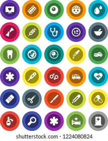 White Solid Icon Set- pills vector, heart monitor, ambulance star, pulse, thermometer, gender sign, magnifier, pregnancy, syringe, dropper, scissors, scalpel, broken bone, patch, stethoscope, mortar