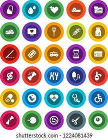 White Solid Icon Set- pills vector, heart monitor, disabled, pulse, cross, gender sign, pregnancy, insemination, syringe, crutches, scissors, scalpel, broken bone, sand clock, stethoscope, bottle