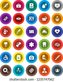 White Solid Icon Set- pills vial vector, heart cross, first aid kit, oxygen, doctor bag, ambulance star, disabled, thermometer, flask, eye, gender sign, dna, dropper, scalpel, broken bone, bottle