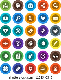 White Solid Icon Set- pills vial vector, molecule, heart cross, first aid kit, oxygen, eye, dna, magnifier, pregnancy, insemination, dropper, patch, blister, mortar, microscope, microbs, blood drop