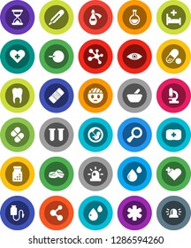 White Solid Icon Set- pills vector, molecule, first aid kit, ambulance star, heart cross, thermometer, flask, vial, eye, magnifier, pregnancy, insemination, sand clock, patch, bottle, mortar, potion