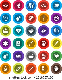 White Solid Icon Set- pills vial vector, ambulance star, heart pulse, cross, thermometer, flask, eye, gender sign, dna, dropper, crutches, scalpel, broken bone, stethoscope, mortar, microscope, head
