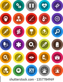 White Solid Icon Set- pills vial vector, oxygen, doctor bag, ambulance star, heart pulse, thermometer, eye, gender sign, dna, magnifier, dropper, scalpel, microbs, chromosomes, tomography, potion
