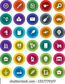 White Solid Icon Set- plane vector, cargo, no trolley, hook, oil barrel, mobile phone, rca, jack, syringe, scalpel, eye doctor hat, microscope, microbs, potion, sperm, mail, pin, magnifier, windmill