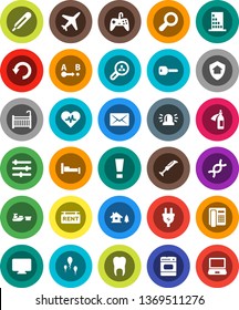 White Solid Icon Set- plane vector, port, route, heart pulse, thermometer, dna, potion, sperm, tooth, equalizer, undo, mail, key, attention sign, magnifier, siren, chalet, rent signboard, crib, oven