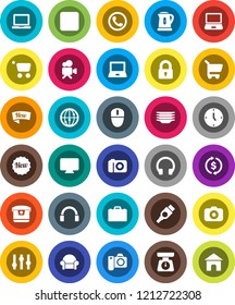 White Solid Icon Set- plates vector, kettle, scales, case, notebook pc, exchange, clock, camera, settings, video, internet, headphones, backward button, hdmi, lock, cushioned furniture, phone, new