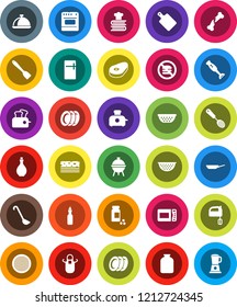 White Solid Icon Set- plates vector, pan, oil, colander, apron, skimmer, spatula, ladle, cutting board, mixer, cookbook, blender, bbq, sieve, dish, jar, steak, pills vial, breads, no fastfood