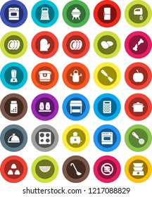 White Solid Icon Set- plates vector, pan, colander, apron, cook glove, skimmer, spatula, ladle, grater, mixer, toaster, oven, spices, bbq, dish, cereal, potato, diet, pills vial, no fastfood, fridge
