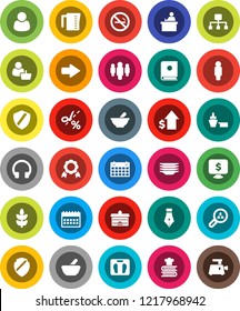 White Solid Icon Set- plates vector, measuring cup, cookbook, pen, university, student, medal, dollar growth, man, calendar, monitor, scales, cereals, no smoking, port, headphones, mortar, shield