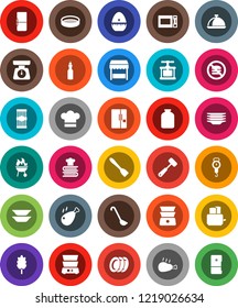 White Solid Icon Set- plates vector, scales, cook hat, timer, press, spatula, ladle, meat hammer, toaster, microwave oven, double boiler, cookbook, bbq, sieve, dish, jar, cereal, pasta, chicken leg