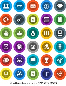 White Solid Icon Set- plates vector, towel, pasta, scissors, presentation, flag, dollar coin, money bag, piggy bank, horizontal bar, skateboard, pills, glass, top sign, settings, mobile phone, heart