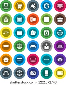 White Solid Icon Set- plates vector, kettle, case, clock, calendar, skateboard, earth, satellite, package, settings, video camera, internet, mobile phone, headphones, backward button, hdmi, globe