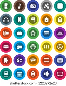 White Solid Icon Set- plates vector, mixer, case, music, exchange, calendar, target, stadium, satellite, speaker, settings, video camera, mobile phone, headphones, monitor, stop button, globe, lock