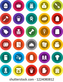 White Solid Icon Set- plates vector, pan, camping cauldron, scales, apron, cook glove, timer, press, skimmer, meat hammer, cutting board, grater, toaster, cookbook, spices, bbq, dish, jar, mushroom