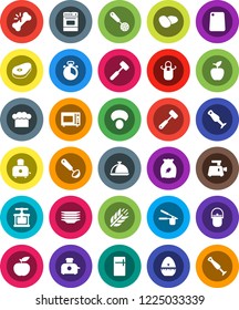 White Solid Icon Set- plates vector, camping cauldron, cook hat, apron, timer, press, skimmer, ladle, meat hammer, cutting board, toaster, microwave oven, blender, dish, cereal, mushroom, potato