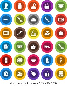 White Solid Icon Set- plates vector, sink, water tap, pan, kettle, colander, scales, cook glove, timer, skimmer, cutting board, hand mill, microwave oven, spices, blender, dish, jar, fridge, toaster