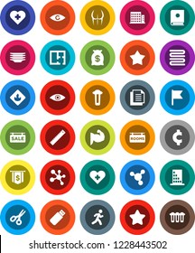 White Solid Icon Set- plates vector, towel, ruler, scissors, molecule, flag, dollar, cent sign, muscule hand, buttocks, heart cross, run, document, flammable, eye, plan, sale signboard, rooms, star