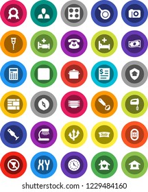 White Solid Icon Set- plates vector, pan, ladle, oven, blender, table lamp, calculator, compass, medal, cash, no alcohol sign, stadium, clock, receipt, consolidated cargo, classic phone, crutches