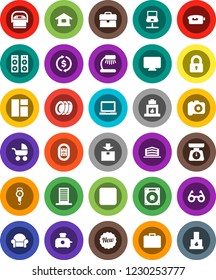 White Solid Icon Set- plates vector, scales, glasses, table lamp, notebook pc, exchange, case, stadium, package, camera, video, backward button, network, office building, lock, cushioned furniture