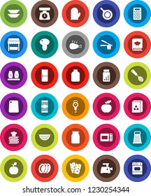 White Solid Icon Set- plates vector, pan, colander, scales, cook glove, press, skimmer, cutting board, grater, cookbook, spices, jar, cereal, pasta, mushroom, chicken leg, apple fruit, diet, breads