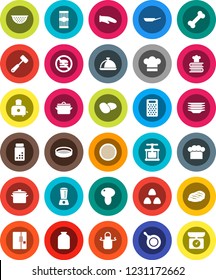 White Solid Icon Set- plates vector, pan, colander, cook hat, apron, glove, press, meat hammer, grater, toaster, cookbook, sieve, dish, jar, cereal, pasta, mushroom, potato, steak, pills vial, bone