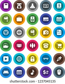 White Solid Icon Set- plates vector, kettle, scales, mixer, copybook, music, world, exchange, case, annual report, man, calendar, skateboard, camera, tv, internet, speaker, play button, hdmi, lock