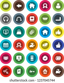 White Solid Icon Set- plates vector, kettle, colander, cookbook, pasta, steak, corner ruler, student, medal, dollar growth, calendar, monitor, cereals, port, protected, headphones, finger up, home