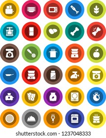 White Solid Icon Set- plates vector, pan, scales, cook timer, press, skimmer, toaster, double boiler, blender, sieve, dish, cereal, pasta, potato, apple fruit, pills vial, cereals, breads, bone