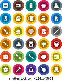 White Solid Icon Set- plates vector, sink, pan, measuring cup, scales, whisk, skimmer, ladle, knife, meat hammer, hand mill, microwave oven, double boiler, spices, sieve, dish, fridge, coffee maker