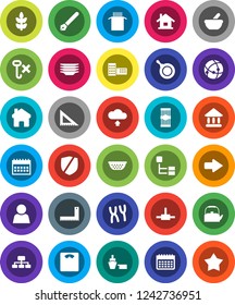 White Solid Icon Set- plates vector, pan, kettle, colander, pasta, pen, school building, corner ruler, university, hierarchy, calendar, scales, cereals, port, no hook, protected, mortar, chromosomes