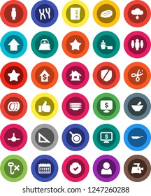 White Solid Icon Set- plates vector, pan, kettle, measuring cup, steak, corner ruler, dollar growth, man, arrow up, monitor, calendar, port, no hook, protected, finger, mortar, chromosomes, connect