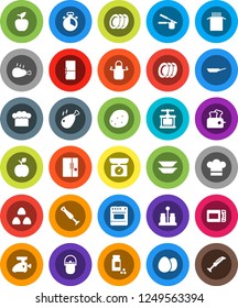 White Solid Icon Set- plates vector, camping cauldron, pan, cook hat, apron, timer, press, spices, cereal, egg, pasta, potato, chicken leg, apple fruit, pills vial, fridge, meat grinder, toaster