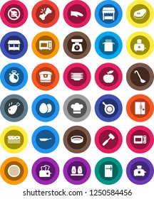 White Solid Icon Set- plates vector, pan, scales, cook hat, glove, timer, ladle, meat hammer, toaster, microwave oven, spices, sieve, egg, pasta, steak, chicken leg, diet, breads, no fastfood