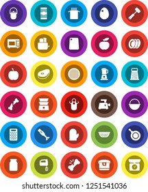 White Solid Icon Set- plates vector, camping cauldron, pan, colander, apron, cook glove, meat hammer, cutting board, grater, mixer, toaster, microwave oven, double boiler, blender, sieve, jar, egg