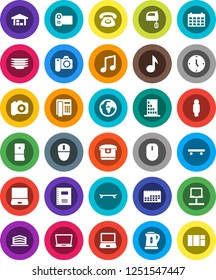 White Solid Icon Set- plates vector, kettle, mixer, copybook, music, clock, man, calendar, skateboard, earth, camera, notebook pc, network, barn, office building, phone, fridge, multi cooker, video