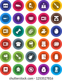 White Solid Icon Set- plates vector, pan, scales, cook hat, glove, skimmer, spatula, mixer, microwave oven, double boiler, cookbook, spices, bbq, jar, cereal, egg, chicken leg, pills vial, cereals