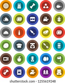 White Solid Icon Set- plates vector, scales, cook hat, skimmer, grater, mixer, microwave oven, spices, blender, sieve, dish, cereal, egg, pasta, potato, steak, chicken leg, oil, apple fruit, cereals