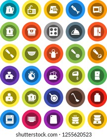White Solid Icon Set- plates vector, sink, pan, kettle, colander, apron, cook timer, skimmer, spatula, ladle, cutting board, toaster, microwave oven, blender, dish, jar, fridge, mixer, coffee maker