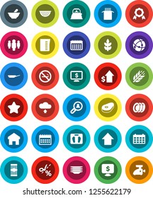 White Solid Icon Set- plates vector, pan, kettle, colander, measuring cup, pasta, steak, medal, dollar growth, man, arrow up, calendar, monitor, scales, cereals, no smoking, mortar, connection, home